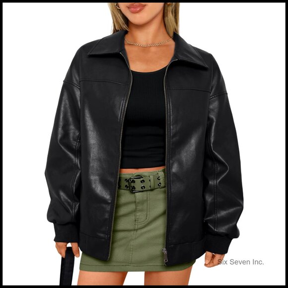 Jackets & Blazers - Oversized Faux Leather Bomber Jacket Zip Up Trendy Winter Coat Fashion